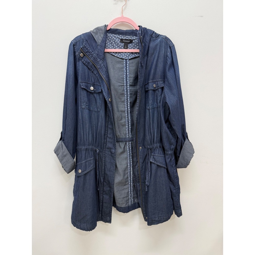 Torrid Denim Anorak Jacket 3 Blue Hooded Cinched Waist Utility Parka Coat